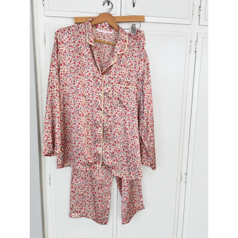 Victoria's Secret Satin Pajama Set Yellow Pink Floral Button Down Pants Large
